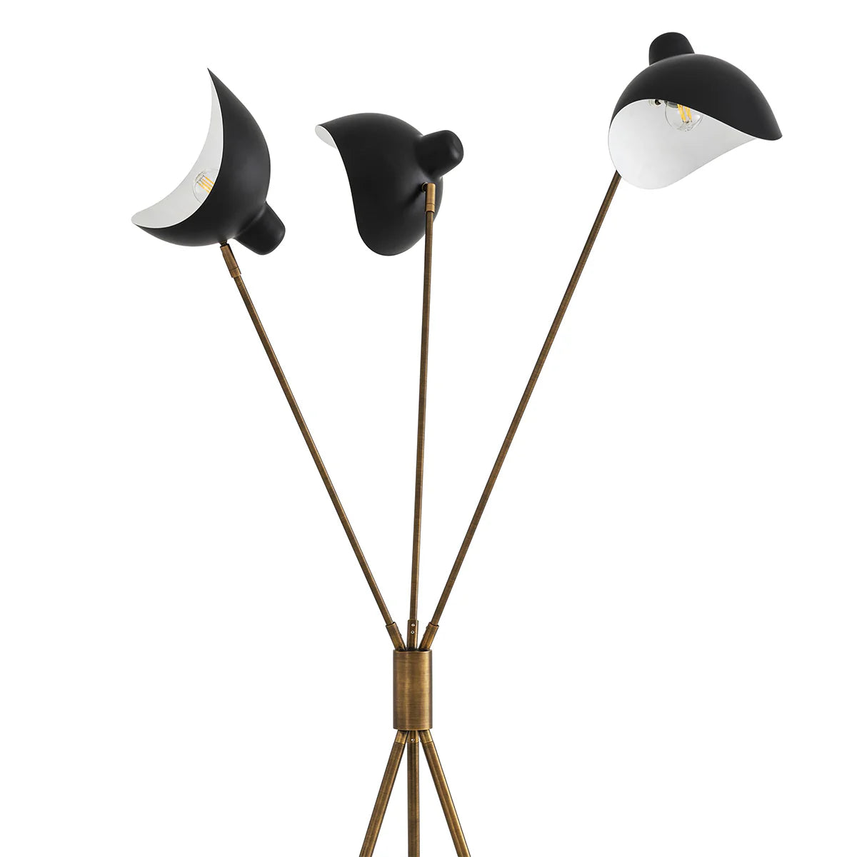 Mid Century Tripod Floor Lamp with Black Shades and Brass Finish