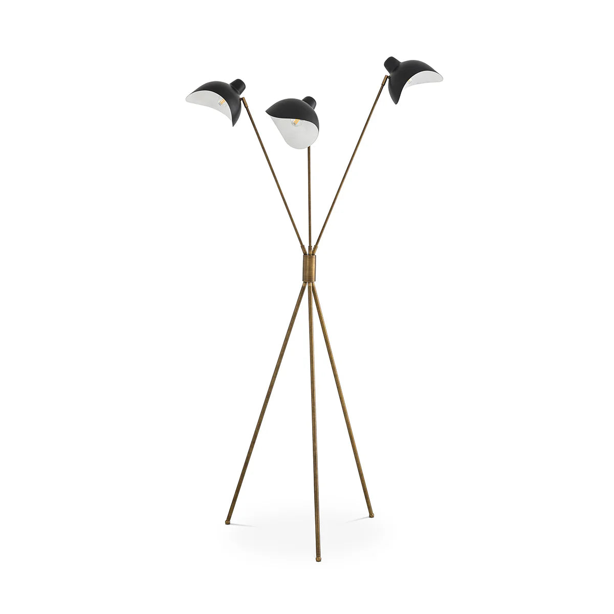 Mid Century Tripod Floor Lamp with Black Shades and Brass Finish