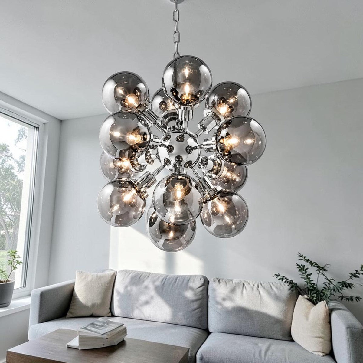 Modern Globe Smoke Glass, Ceiling Light Chandelier with Nickel Finish Frame