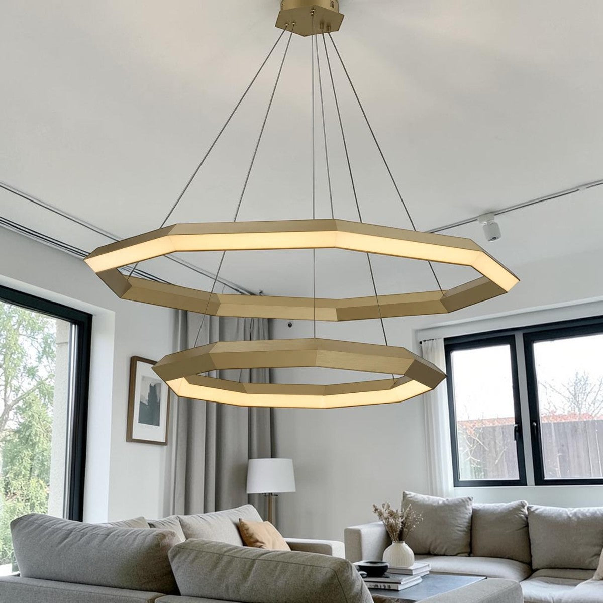 Modern Double Ring, LED Ceiling Light Chandelier in Antique Brass Finish