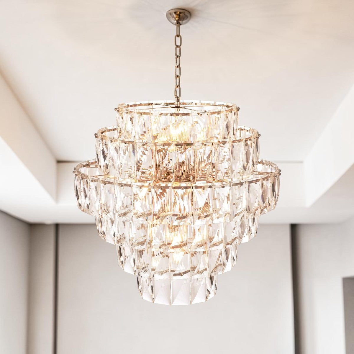 Multi Tier Crystal Glass, Ceiling Light Chandelier with Nickel Finish Frame