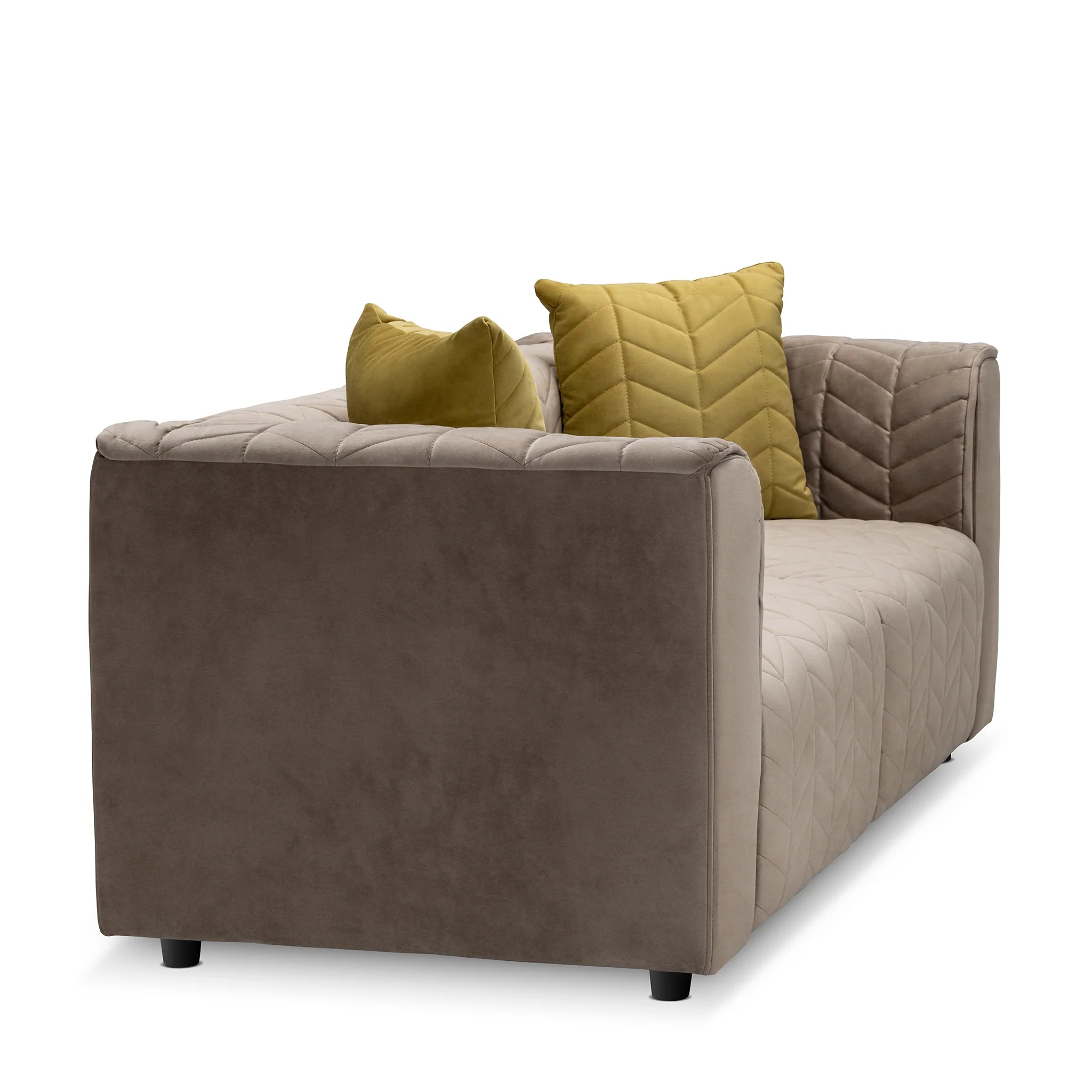 Living Room Taupe Velvet Loveseat with Channel Tufting and Accent Pillows