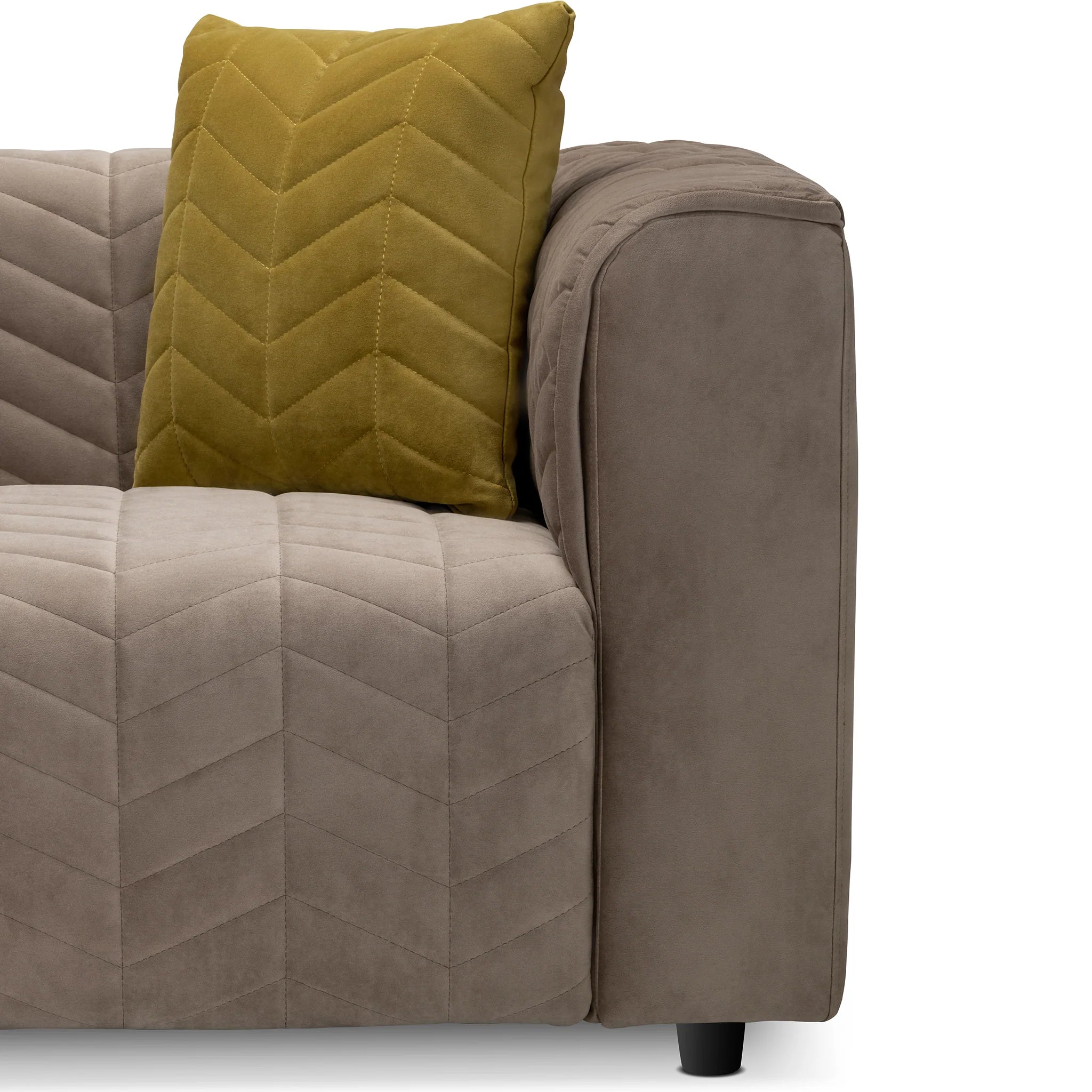 Living Room Taupe Velvet Loveseat with Channel Tufting and Accent Pillows