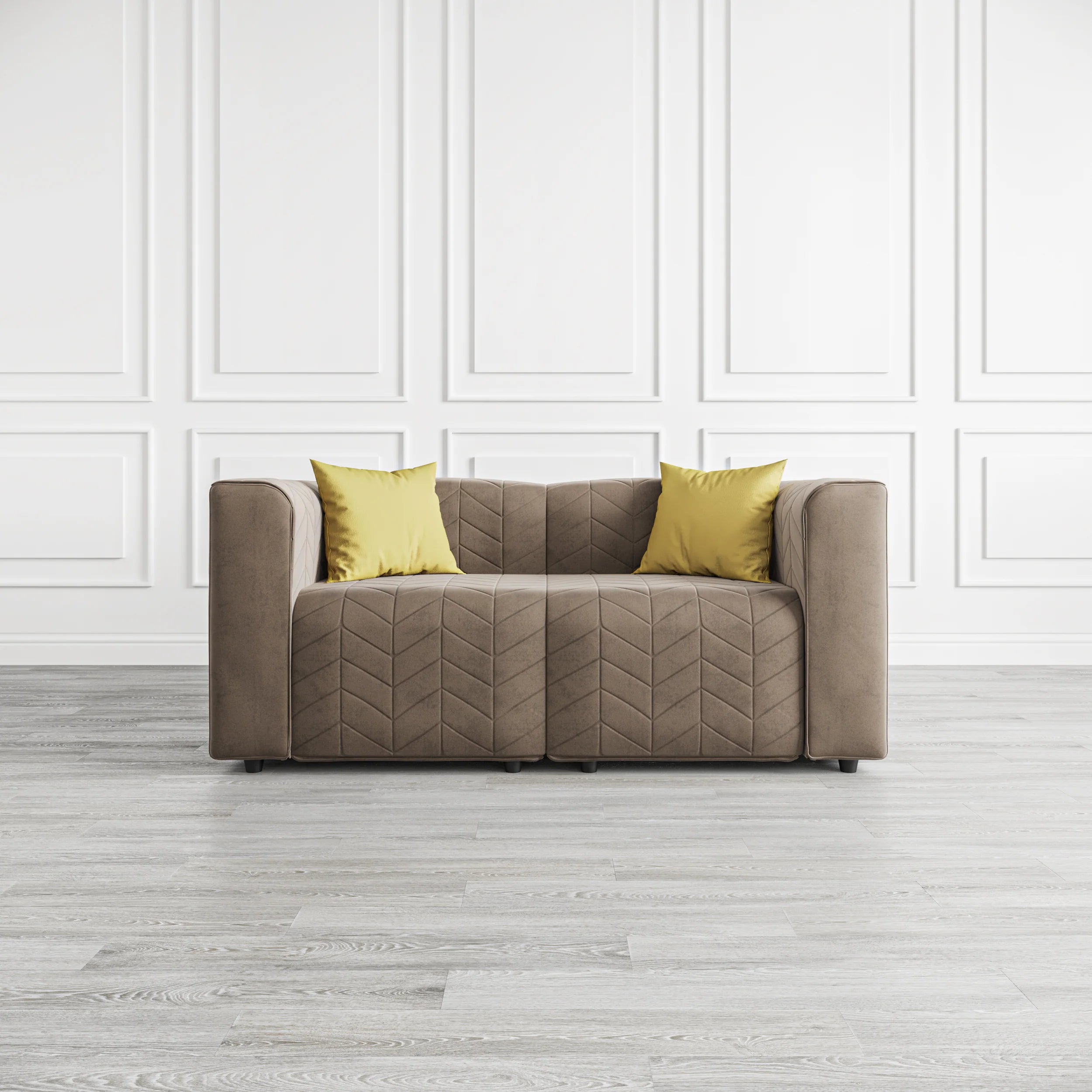 Living Room Taupe Velvet Loveseat with Channel Tufting and Accent Pillows