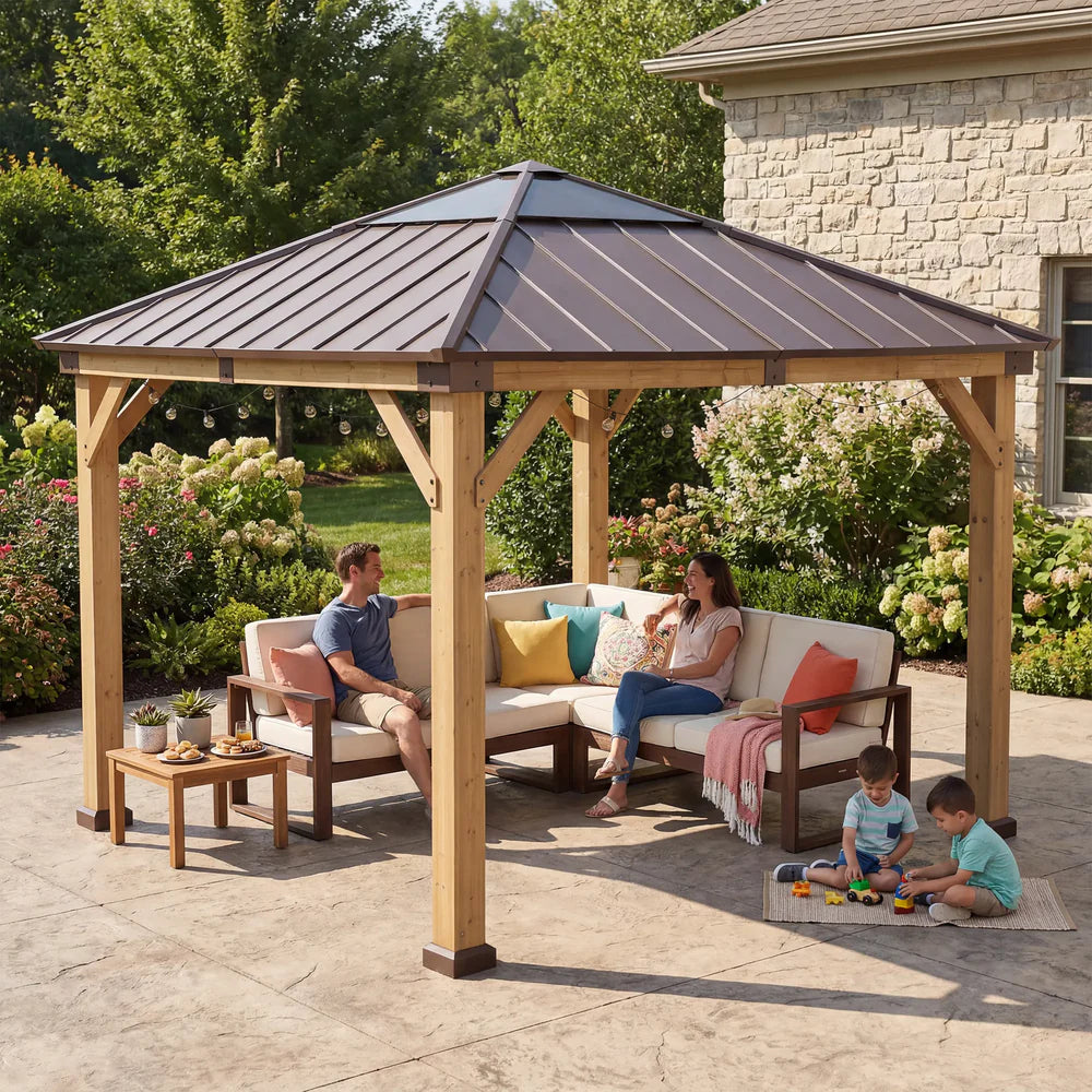 11 x 11 ft, Outdoor Wooden Gazebo with Metal Roof and Skylight Panel