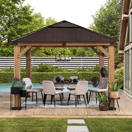11 x 11 ft, Outdoor Wooden Gazebo with Metal Roof and Skylight Panel