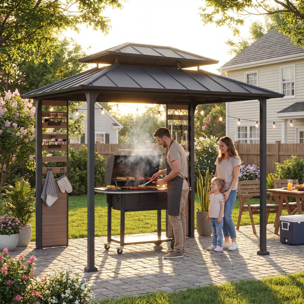 7 x 9 ft, Outdoor Grill Gazebo with Steel Hardtop, Shelves, and Hooks