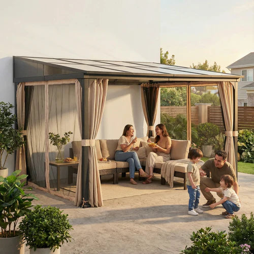10 x 12 ft, Wall Mounted Outdoor Gazebo with Polycarbonate Roof and Curtains