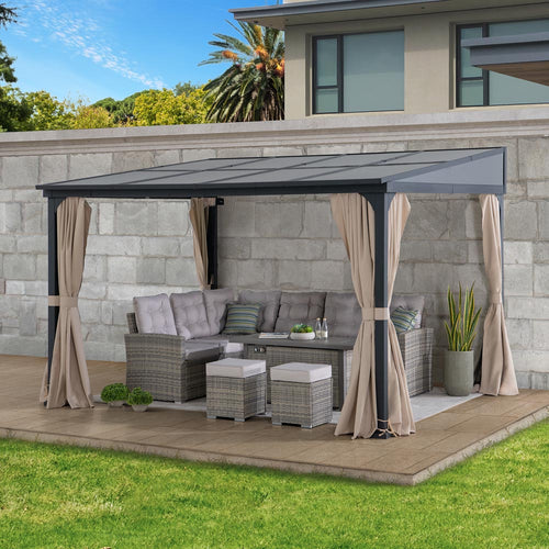 10 x 12 ft, Wall Mounted Outdoor Gazebo with Polycarbonate Roof and Curtains