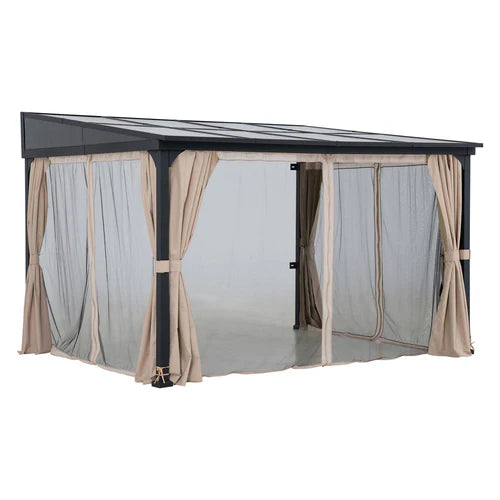 10 x 12 ft, Wall Mounted Outdoor Gazebo with Polycarbonate Roof and Curtains