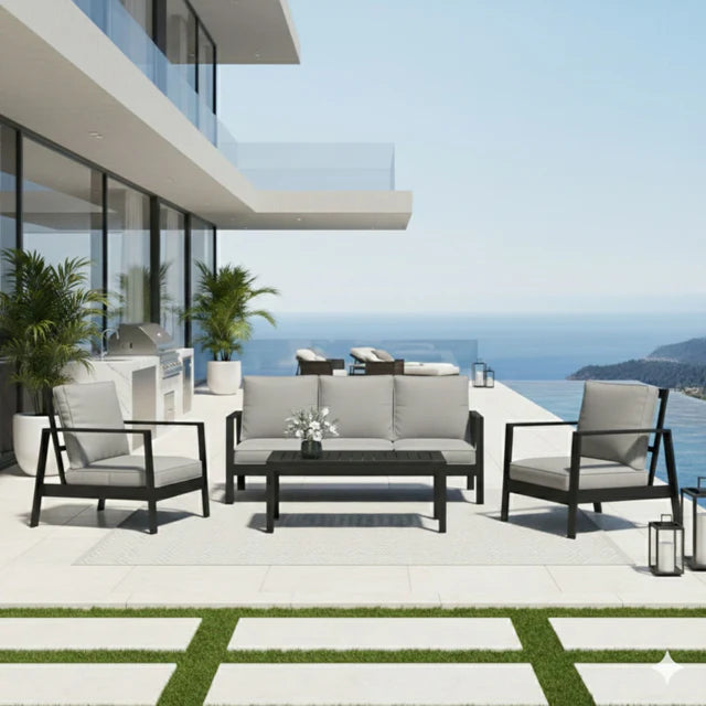 Outdoor Patio, Aluminum Sofa Set with Cushioned Seating and Coffee Table, 4 Piece Set