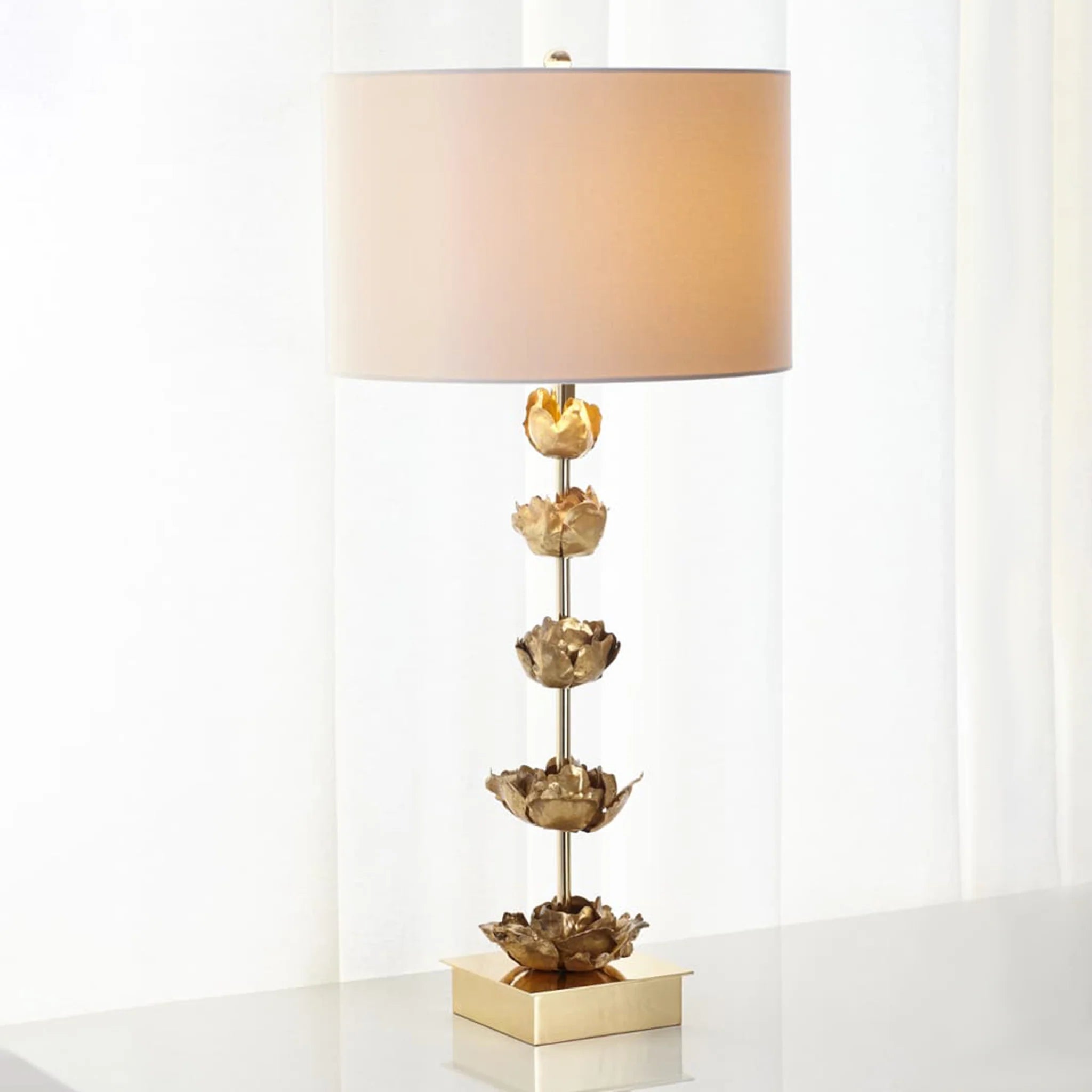 Gold Floral Table Lamps with Linen Drum Shade