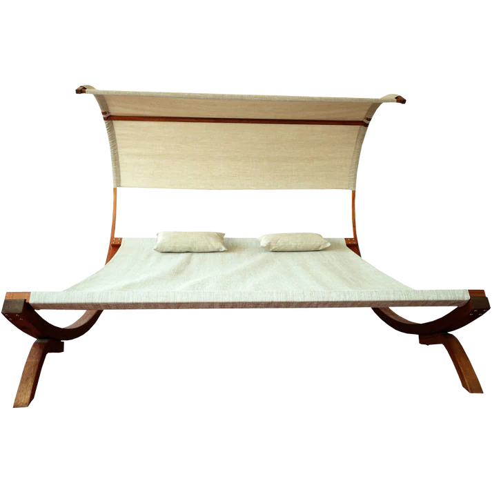 Outdoor Patio, Wooden Double Chaise Lounge with Canopy Shade