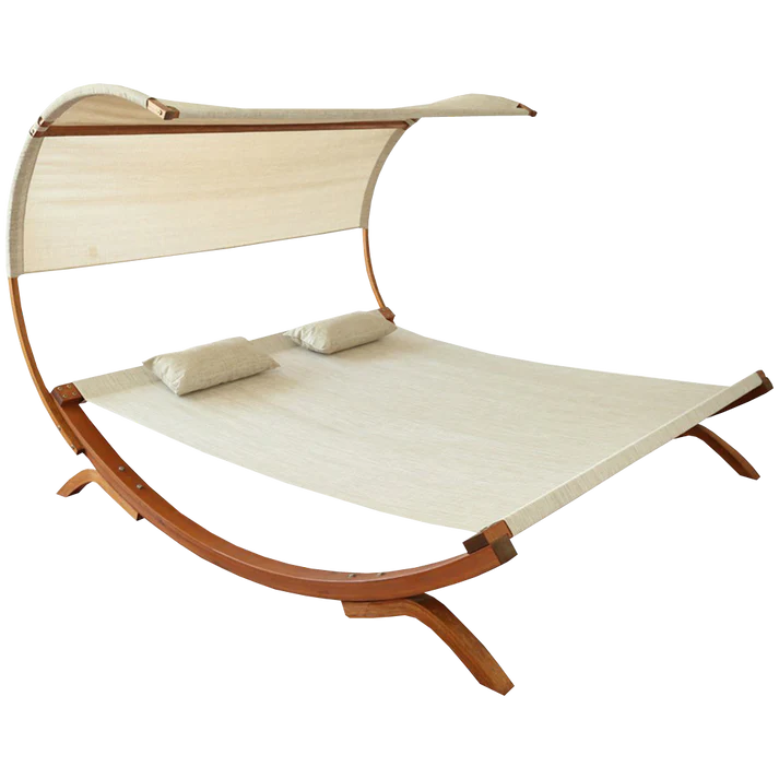Outdoor Patio, Wooden Double Chaise Lounge with Canopy Shade