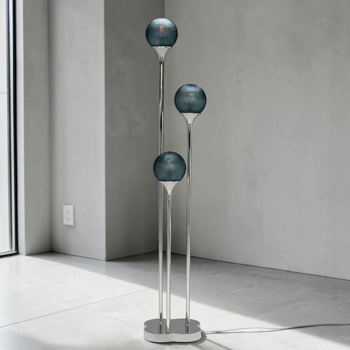 Polished Nickel, Floor Lamp with Blue Glass Globe Shades