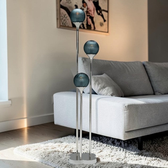 Polished Nickel, Floor Lamp with Blue Glass Globe Shades