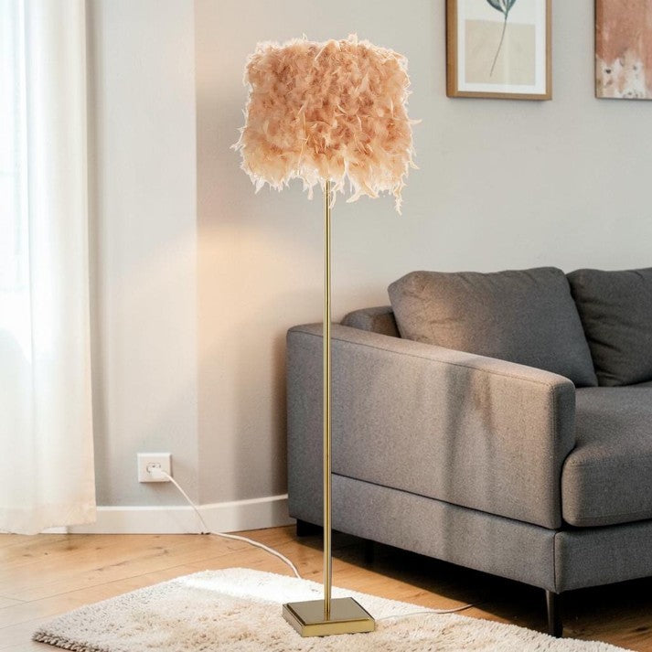 Pink Feather Shade Floor Lamp with Brass Finish Base