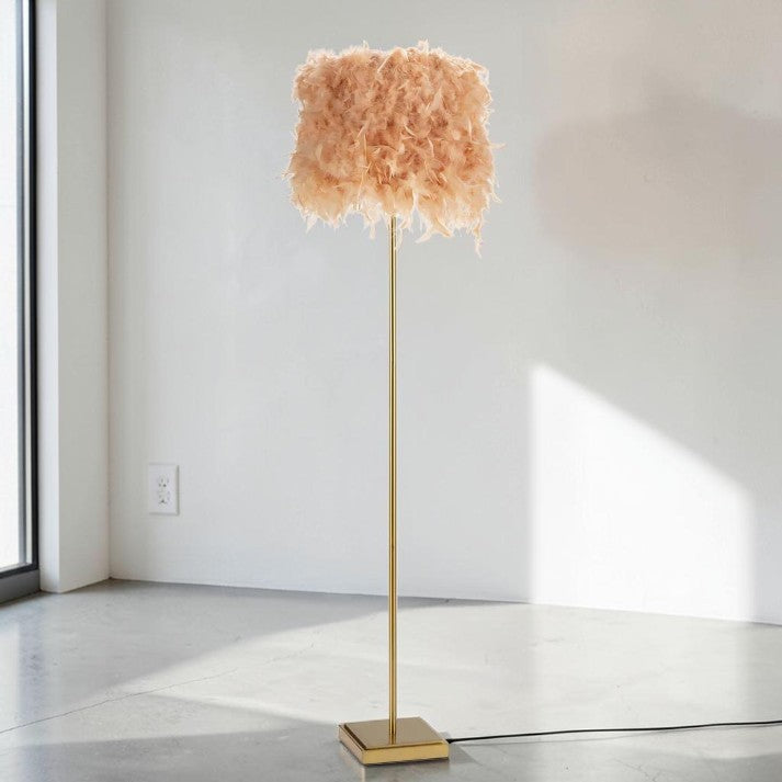 Pink Feather Shade Floor Lamp with Brass Finish Base