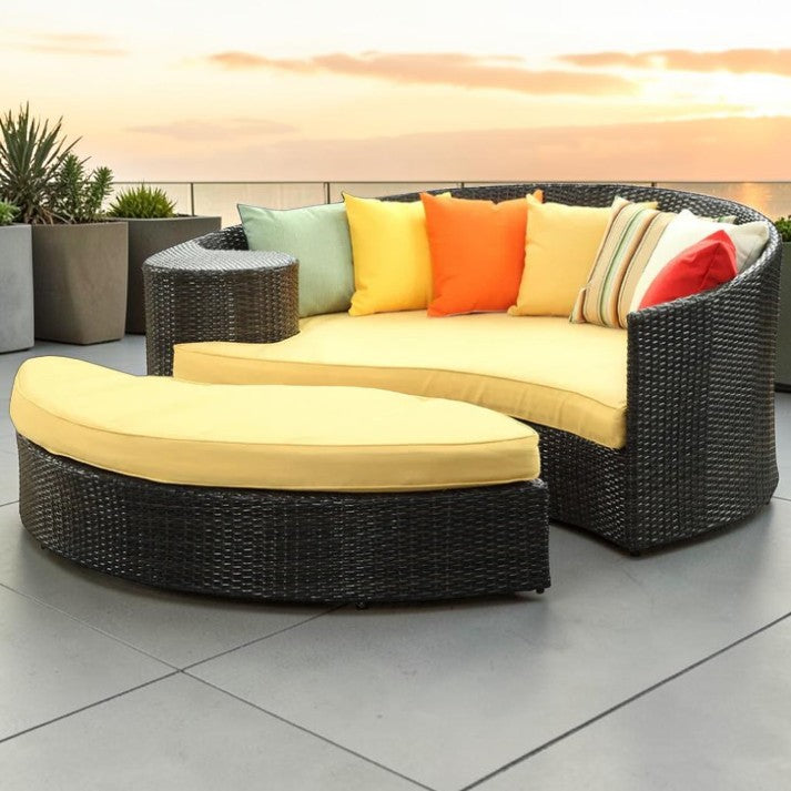 Outdoor Patio, Wicker Daybed Lounge with Ottoman Seating