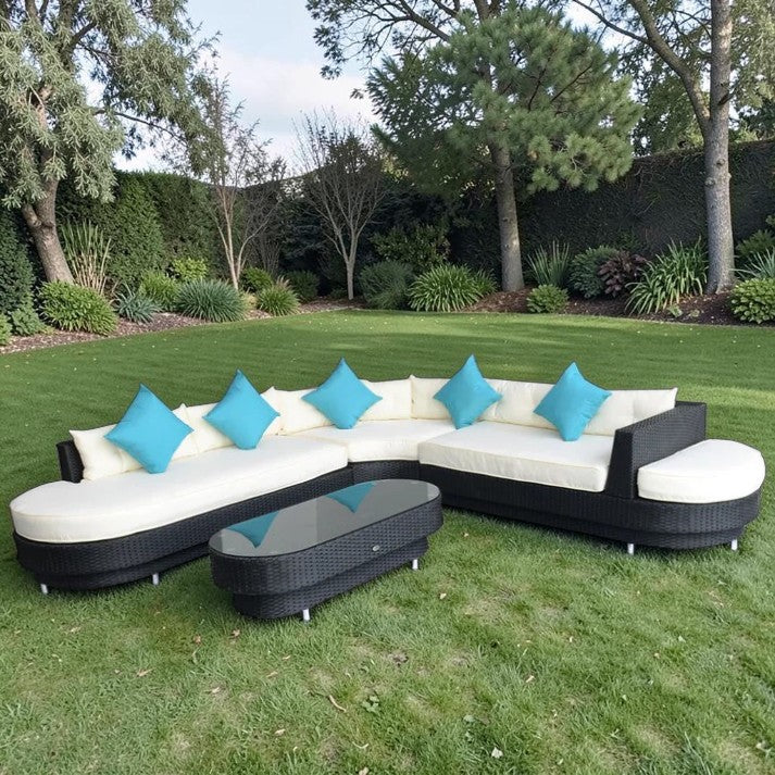 Outdoor Patio, Wicker Curved Sectional Sofa Set with Coffee Table, 4 Piece Lounge