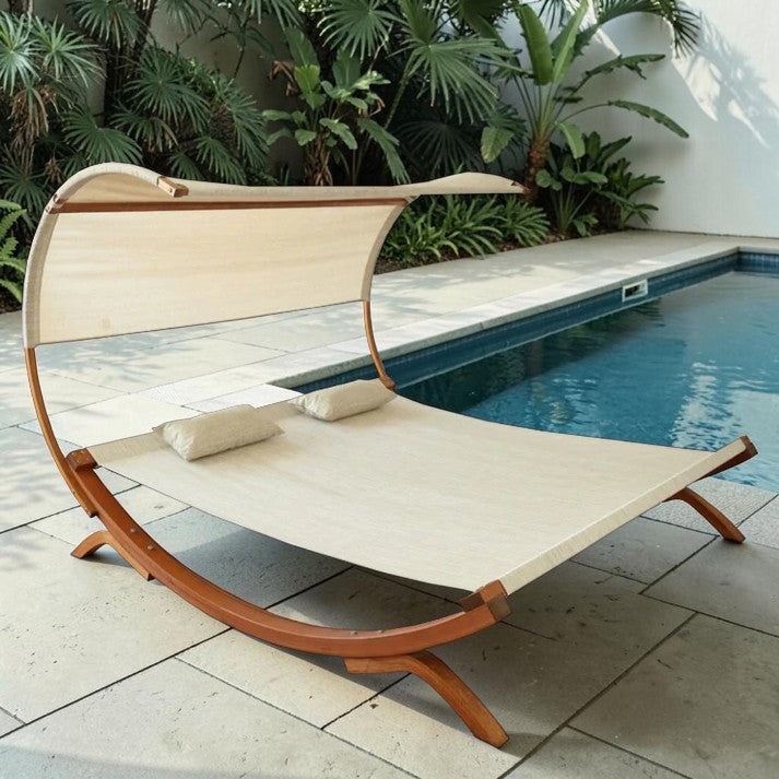 Outdoor Patio, Wooden Double Chaise Lounge with Canopy Shade