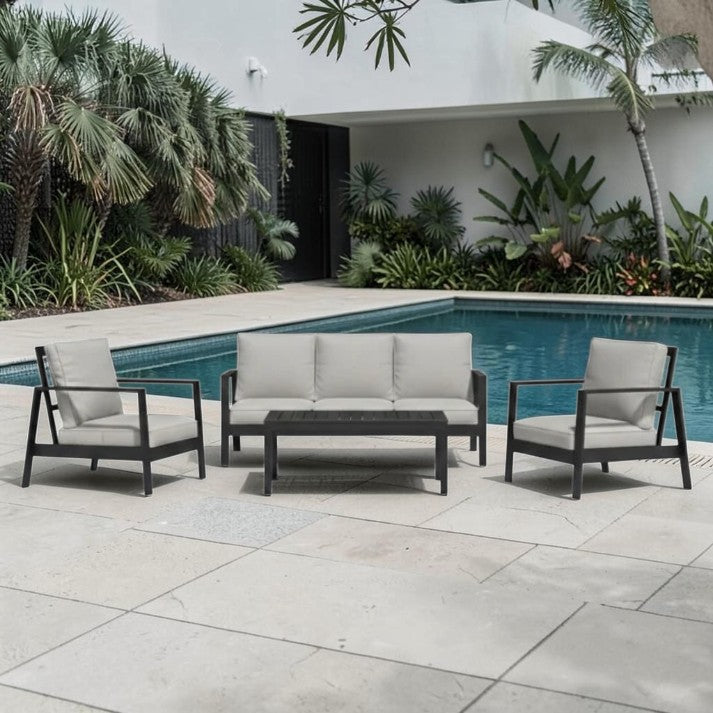 Outdoor Patio, Aluminum Sofa Set with Cushioned Seating and Coffee Table, 4 Piece Set