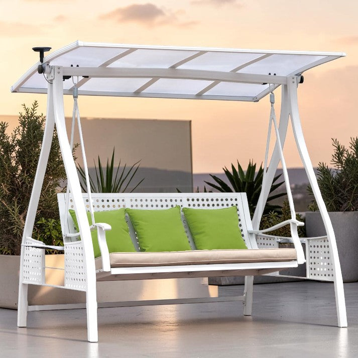 Outdoor Swing, 3 Seat Aluminum Patio Bench with Canopy and Solar Light