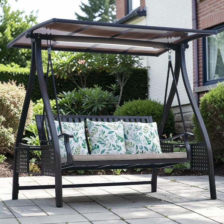 Outdoor Swing, 3 Seat Aluminum Patio Bench with Canopy and LED Light