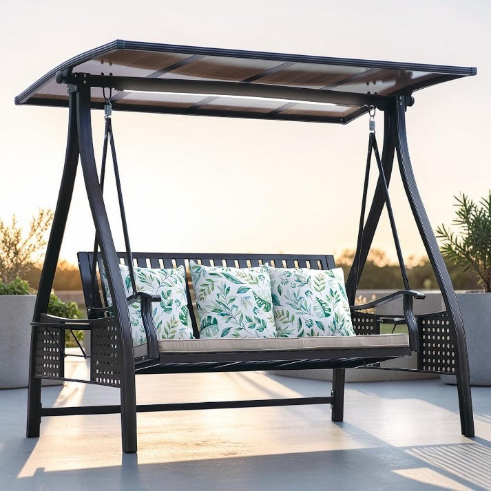 Outdoor Swing, 3 Seat Aluminum Patio Bench with Canopy and LED Light
