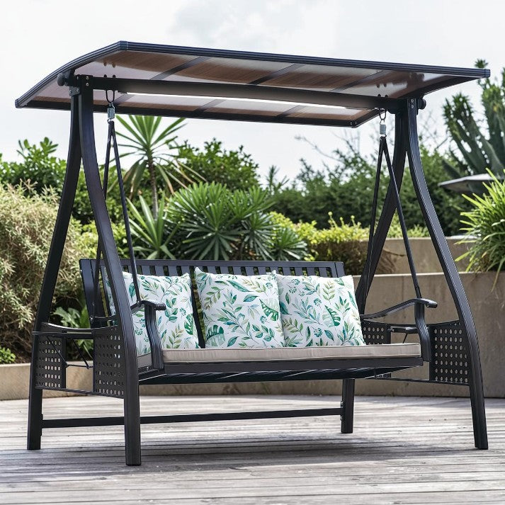 Outdoor Swing, 3 Seat Aluminum Patio Bench with Canopy and LED Light