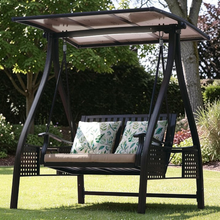 Outdoor Swing, 2 Seat Aluminum Patio Bench with Canopy and LED Light