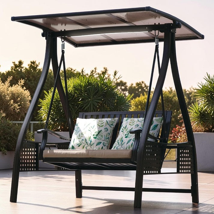 Outdoor Swing, 2 Seat Aluminum Patio Bench with Canopy and LED Light