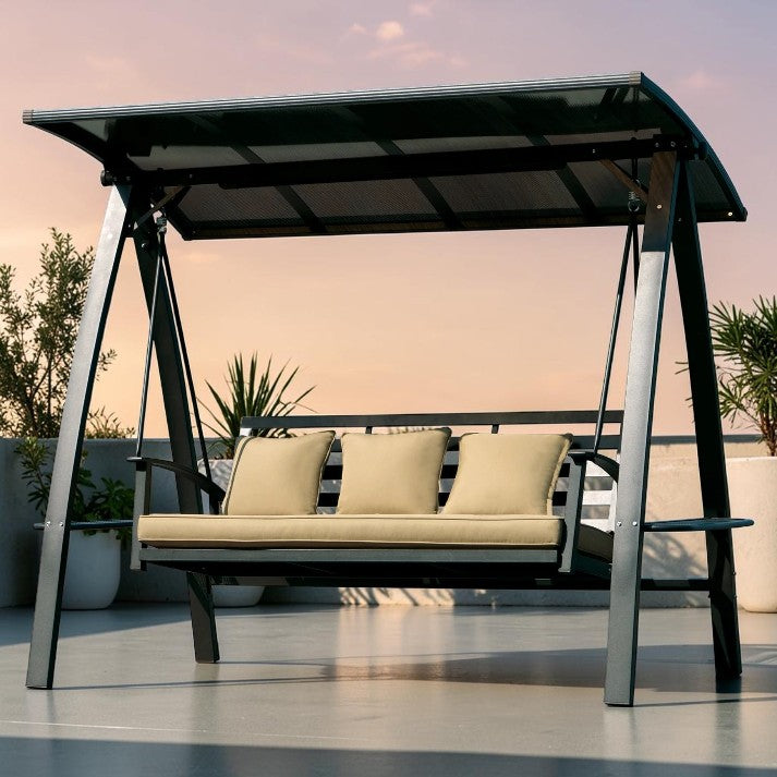 Outdoor Swing, 3 Seat Patio Bench with Canopy and Solar LED Light