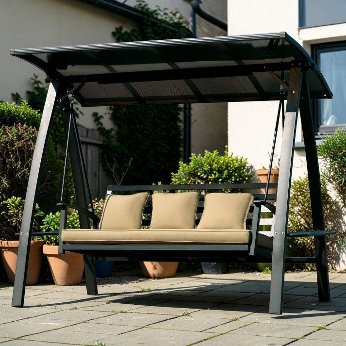 Outdoor Swing, 3 Seat Patio Bench with Canopy and Solar LED Light