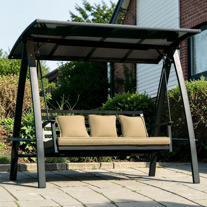 Outdoor Swing, 3 Seat Patio Bench with Canopy and Solar LED Light