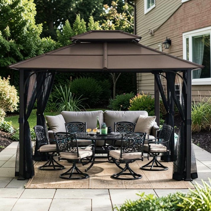Outdoor Gazebo, 10 x 12 ft, Steel Hardtop Shelter with Netting