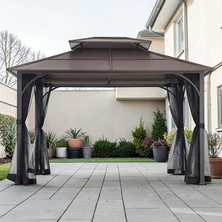 Outdoor Gazebo, 10 x 12 ft, Steel Hardtop Shelter with Netting