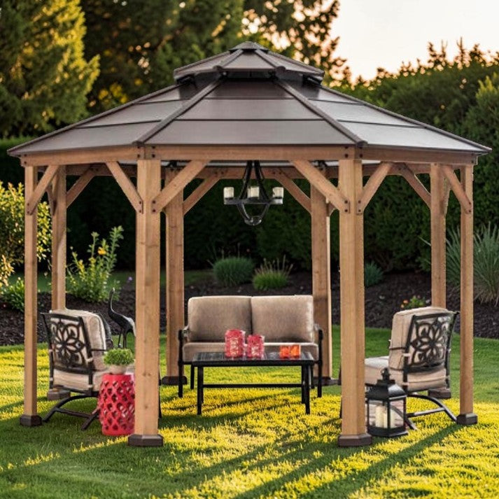 13 ft, Octagon Wooden Gazebo with Steel Roof and Ceiling Hook