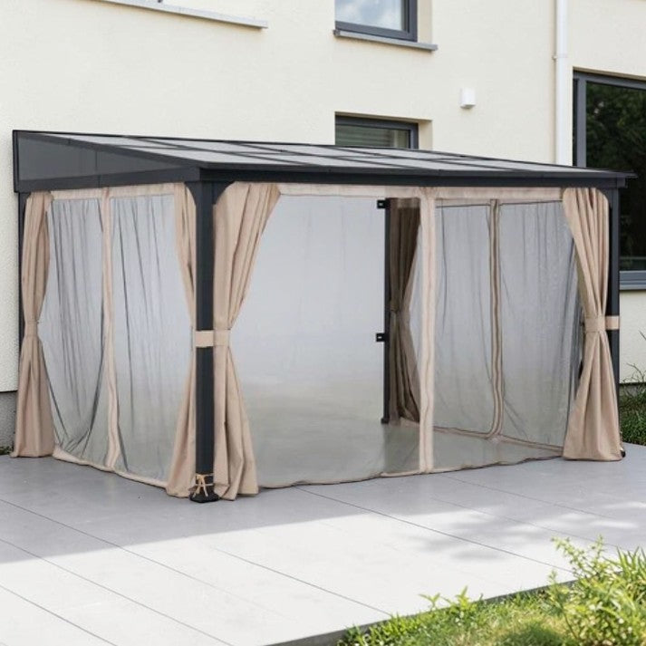 10 x 12 ft, Wall Mounted Outdoor Gazebo with Polycarbonate Roof and Curtains