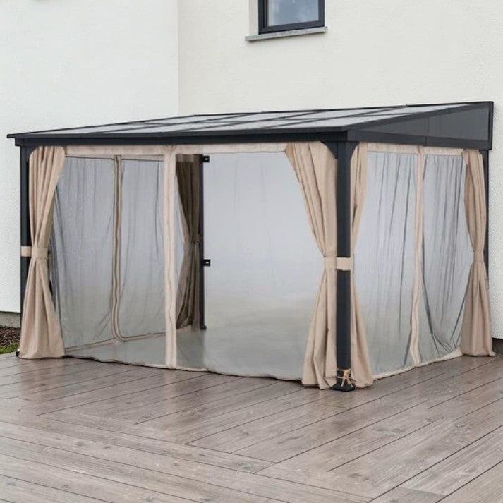 10 x 12 ft, Wall Mounted Outdoor Gazebo with Polycarbonate Roof and Curtains