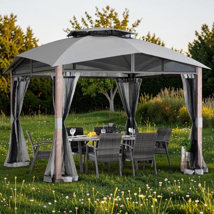 12 x 12 ft, Outdoor Gazebo with Steel Frame, Soft Top Roof, and Netting