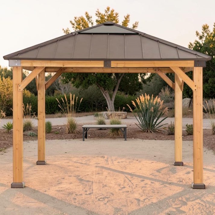 11 x 11 ft, Outdoor Wooden Gazebo with Metal Roof and Skylight Panel