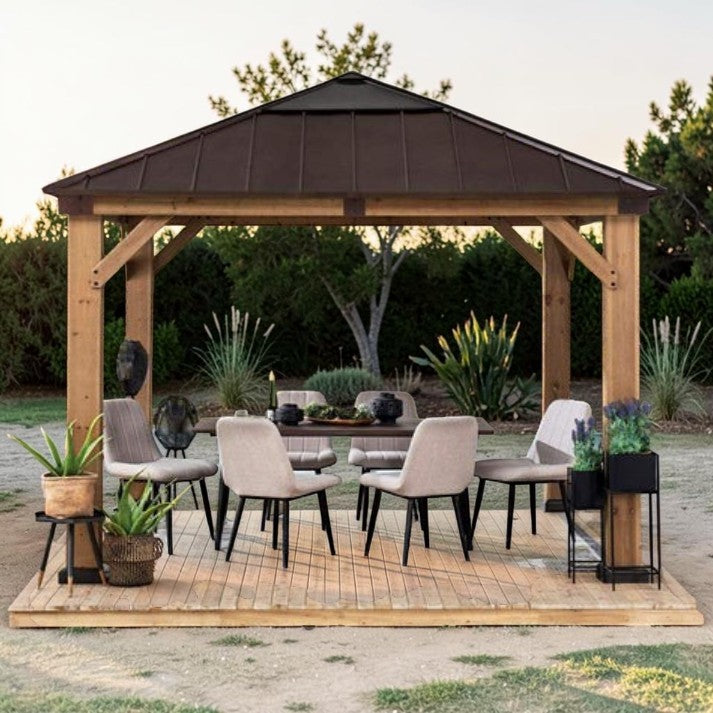 11 x 11 ft, Outdoor Wooden Gazebo with Metal Roof and Skylight Panel