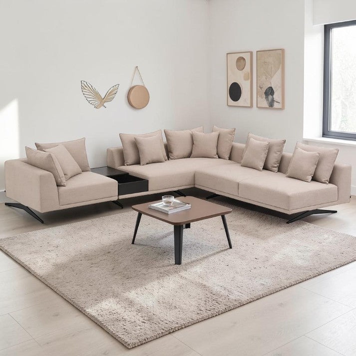 Living Room Sectional Sofa with Built-In Side Table and Cushions