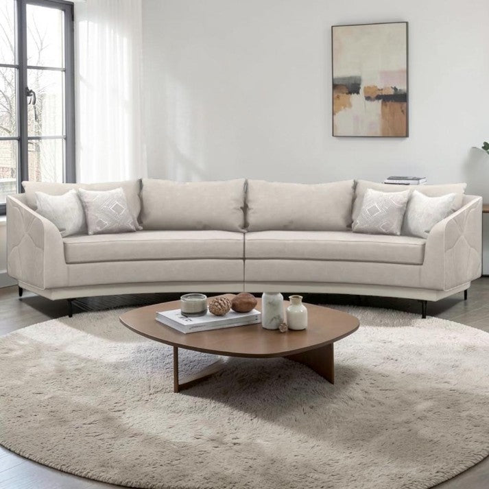 Living Room Curved Sofa with Quilted Back Design and Accent Pillows
