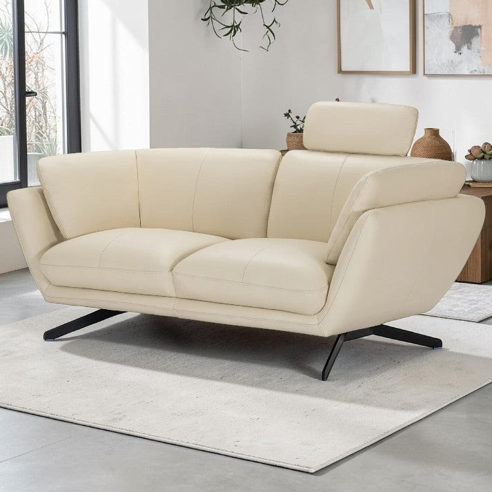 Living Room Cream Leather Loveseat with Adjustable Headrest and Metal Legs