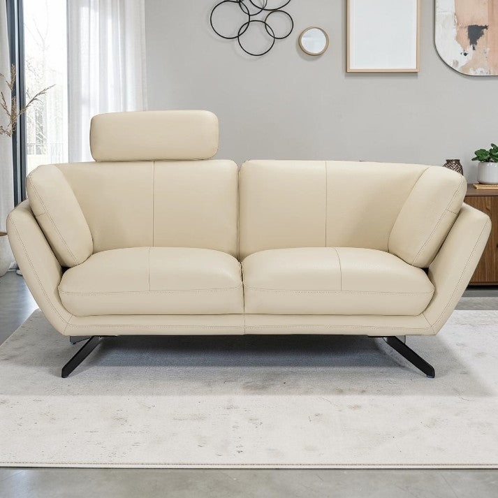 Living Room Cream Leather Loveseat with Adjustable Headrest and Metal Legs