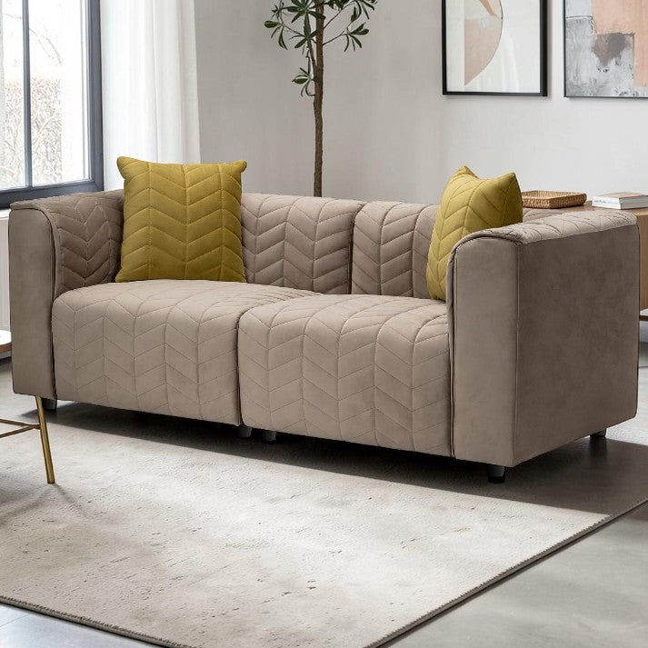 Living Room Taupe Velvet Loveseat with Channel Tufting and Accent Pillows