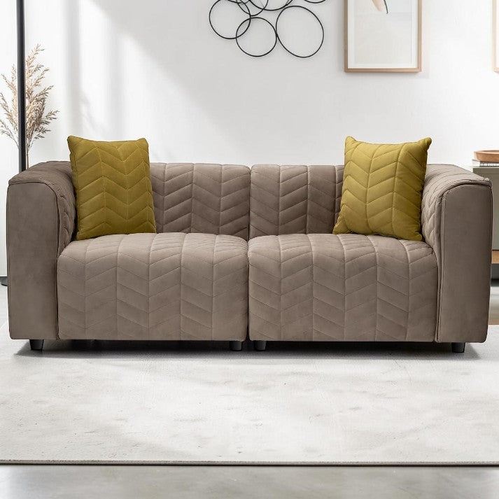 Living Room Taupe Velvet Loveseat with Channel Tufting and Accent Pillows
