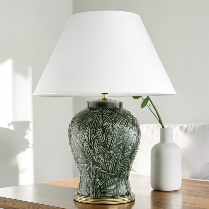 Botanical Green, Ceramic Table Lamps with Leaf Pattern Base